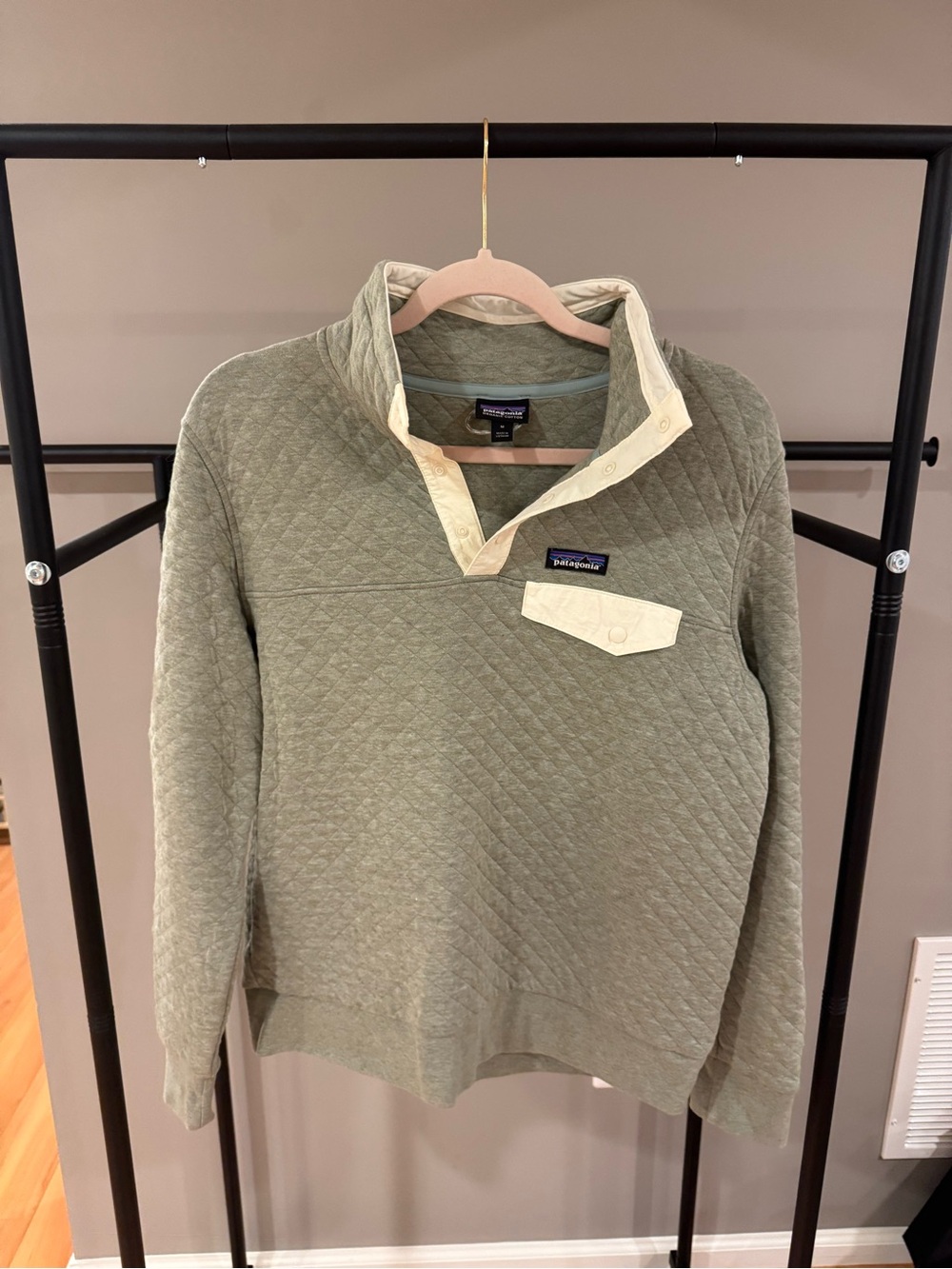 Patagonia Quilted Crewneck Pullover - Olive with Cream Trim